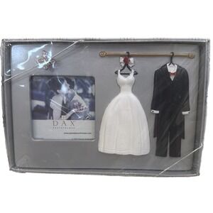 New VTG DAX Picture Frame 7.5 x 4" Photo 3 x 3" w Bride & Groom Outfits on a Bar